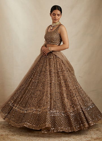 Brown Sequence Work Soft Net Lehenga Choli For Wedding